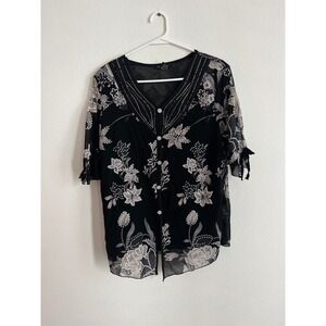 Appointments Black Floral Mesh Rhinestone V-Neck Blouse Short Sleeve Top